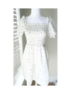 Smocked Puff Sleeve Mini Dress in Cream with Blue Floral Print